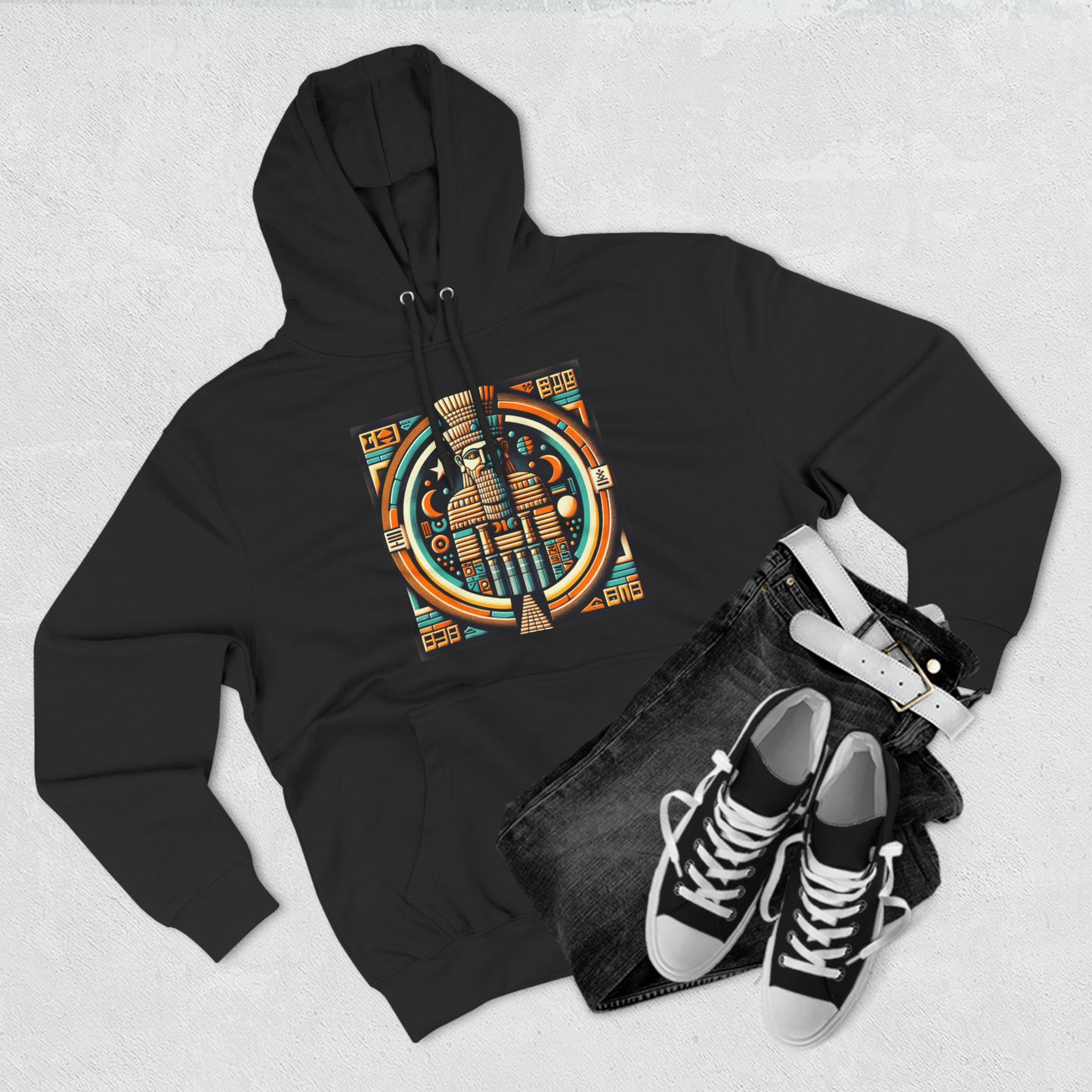 Black hoodie paired with shoes and jeans with graphic of Anu (An), the Mesopotamian sky god and father of deities like Enki, Enlil, and Inanna.