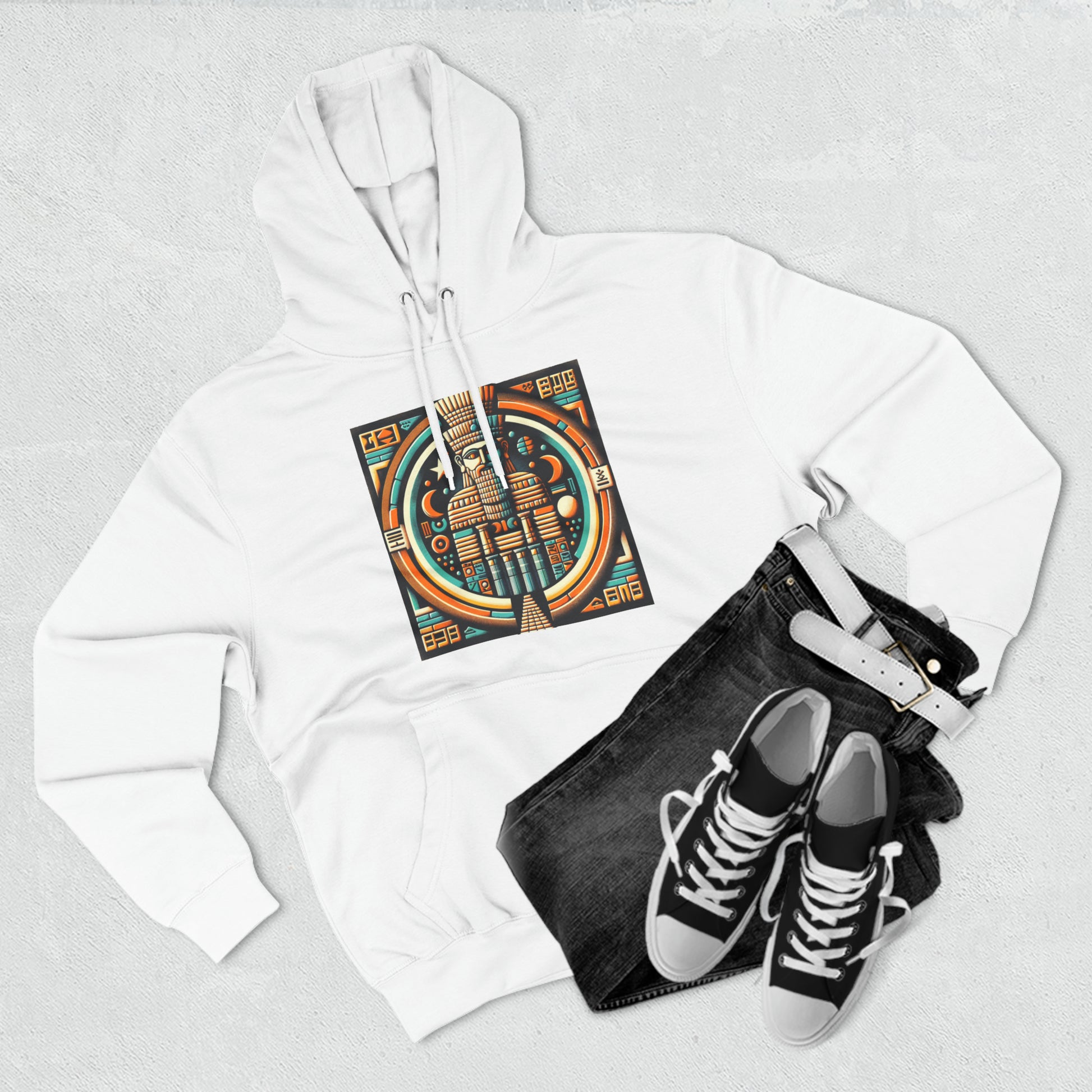 White hoodie paired with shoes and jeans with graphic of Anu (An), the Mesopotamian sky god and father of deities like Enki, Enlil, and Inanna.