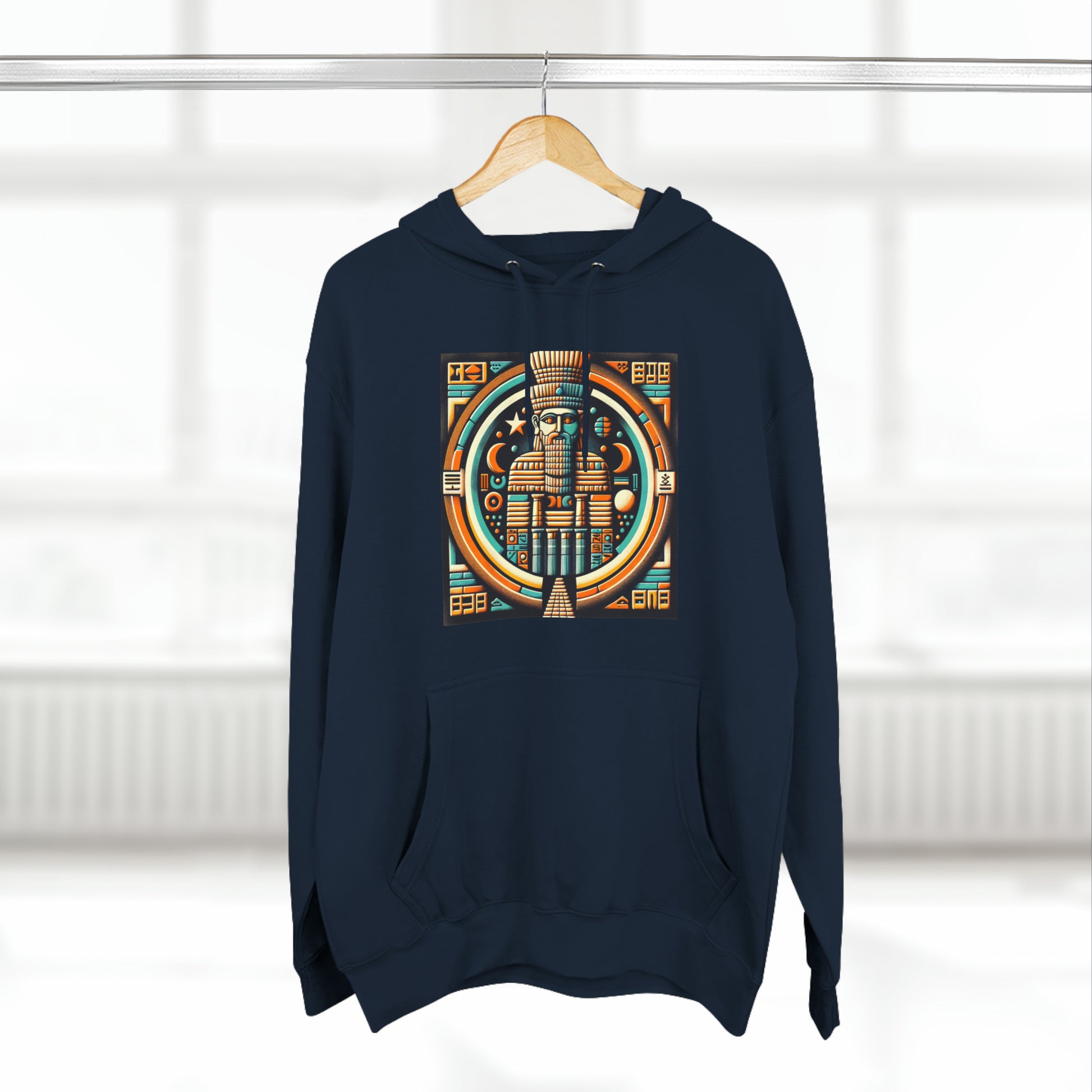 Navy hoodie hanging with graphic of Anu (An), the Mesopotamian sky god and father of deities like Enki, Enlil, and Inanna.